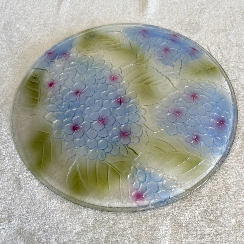 Vintage Blue Hydrangea Embossed Glass Serving Platter Round Floral Plate 13 inch